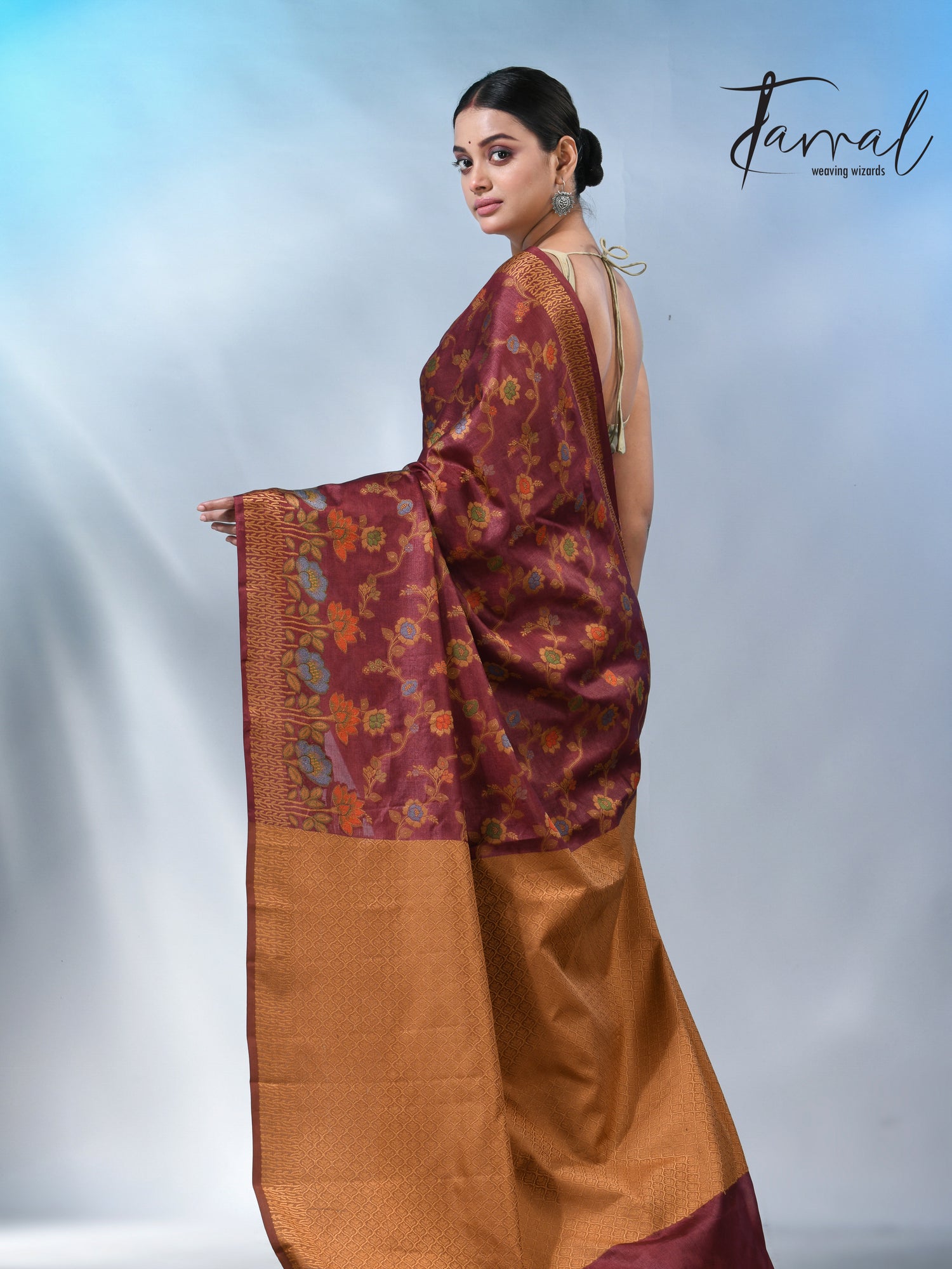Reddish brown allover handloom tussar banarasi silk saree
