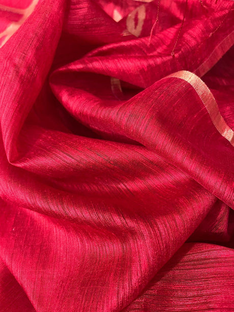 Red hot with golden zari border matka silk handwoven jamdani saree - Tamal Boutique