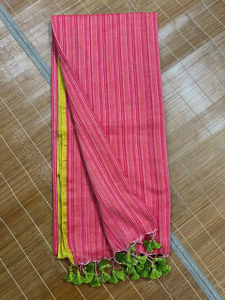 Red with green border mul cotton handloom saree - Tamal Boutique