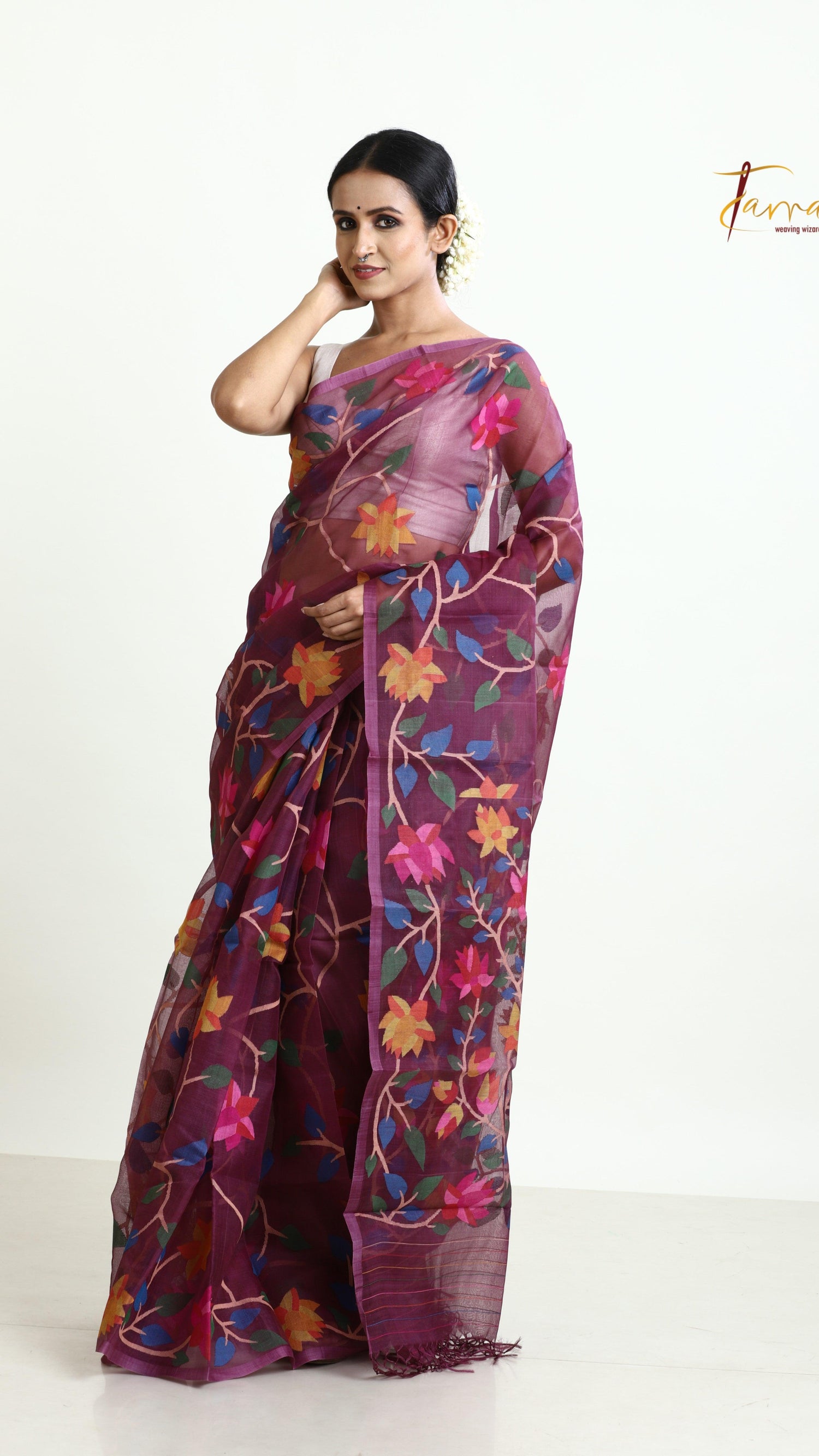 Rose Brown with multi colour allover 108 lotus motifs muslin silk handwoven jamdani saree - Tamal Boutique