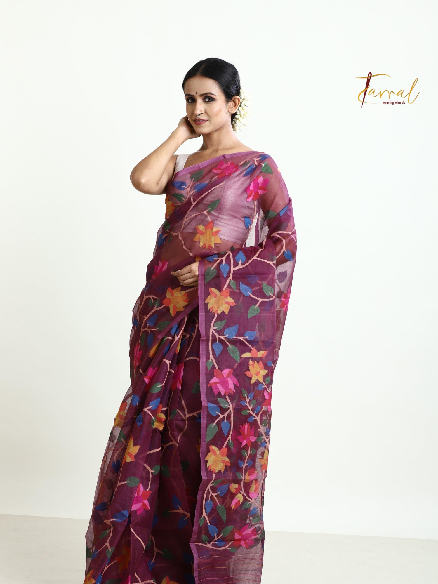 Rose Brown with multi colour allover 108 lotus motifs muslin silk handwoven jamdani saree - Tamal Boutique