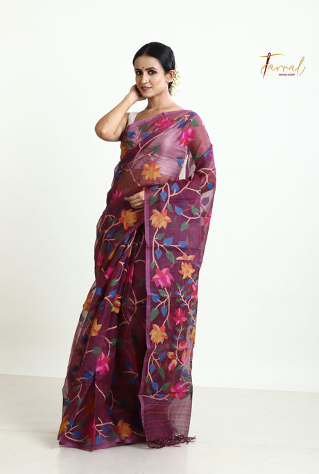 Rose Brown with multi colour allover 108 lotus motifs muslin silk handwoven jamdani saree - Tamal Boutique