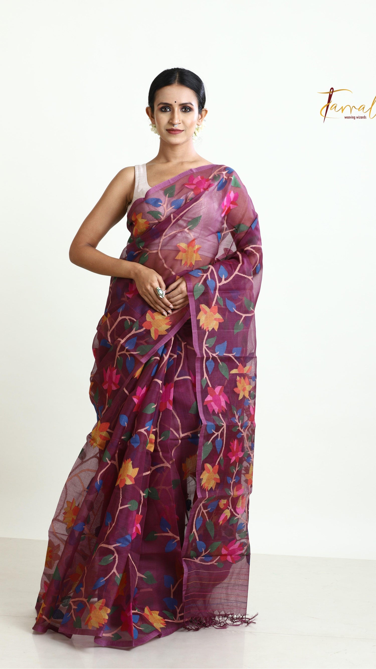 Rose Brown with multi colour allover 108 lotus motifs muslin silk handwoven jamdani saree - Tamal Boutique