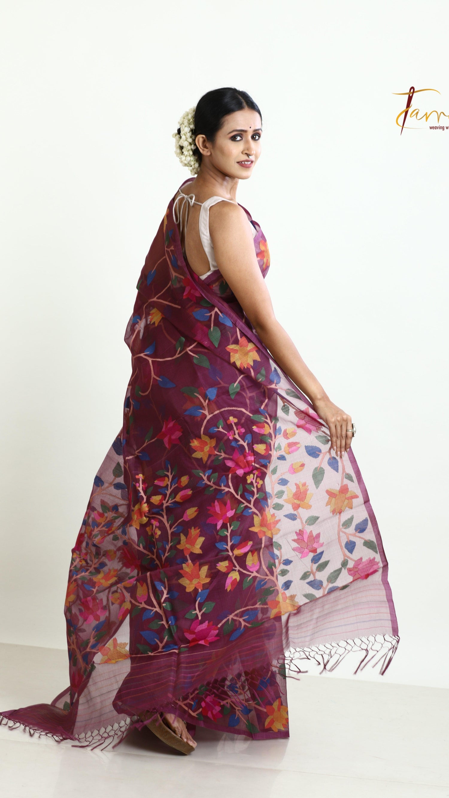 Rose Brown with multi colour allover 108 lotus motifs muslin silk handwoven jamdani saree - Tamal Boutique