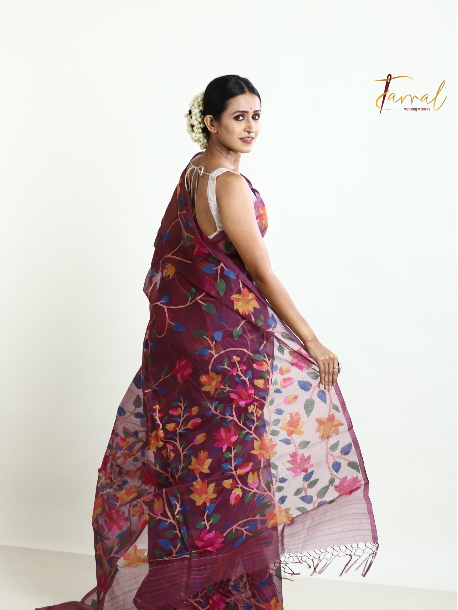 Rose Brown with multi colour allover 108 lotus motifs muslin silk handwoven jamdani saree - Tamal Boutique