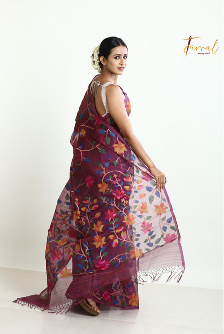 Rose Brown with multi colour allover 108 lotus motifs muslin silk handwoven jamdani saree - Tamal Boutique
