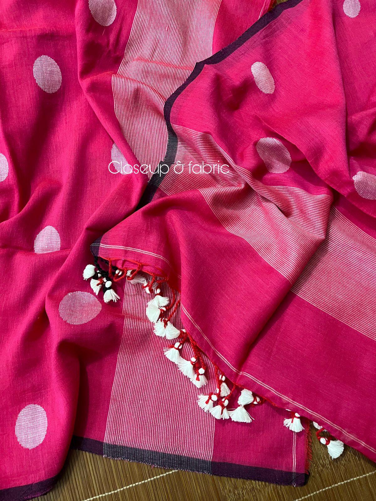 Rose pink with white colour palka dot cotton handwoven jamadani kurti & dupatta set - Tamal Boutique