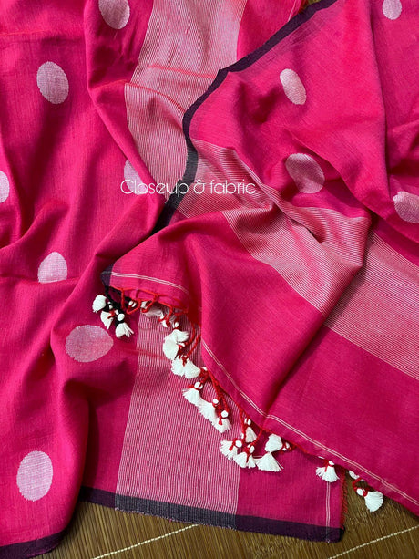 Rose pink with white colour palka dot cotton handwoven jamadani kurti & dupatta set - Tamal Boutique