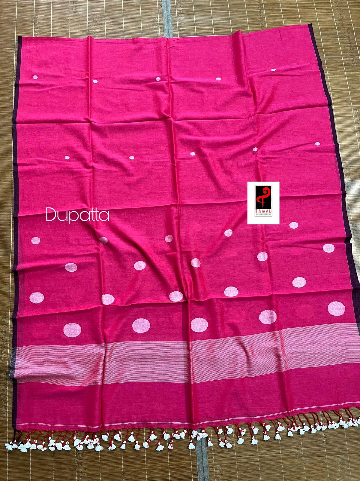 Rose pink with white colour palka dot cotton handwoven jamadani kurti & dupatta set - Tamal Boutique