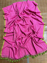 Rose pink with green border mul cotton handloom saree - Tamal Boutique