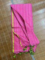Rose pink with green border mul cotton handloom saree - Tamal Boutique