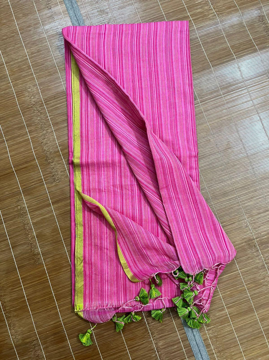 Rose pink with green border mul cotton handloom saree - Tamal Boutique
