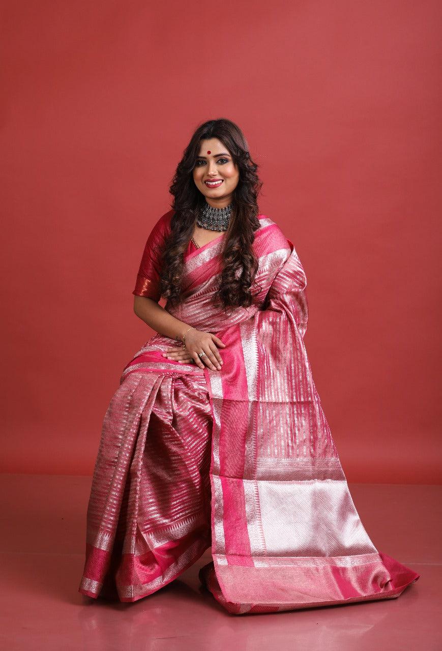 Rose pink with silver zari tissue banarasi silk saree - Tamal Boutique