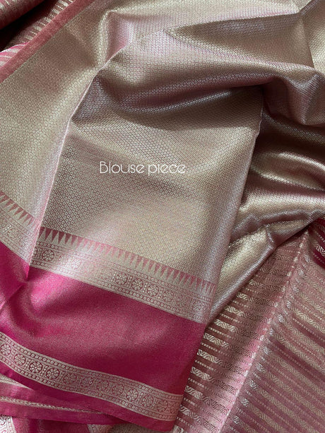 Rose pink with silver zari tissue banarasi silk saree - Tamal Boutique