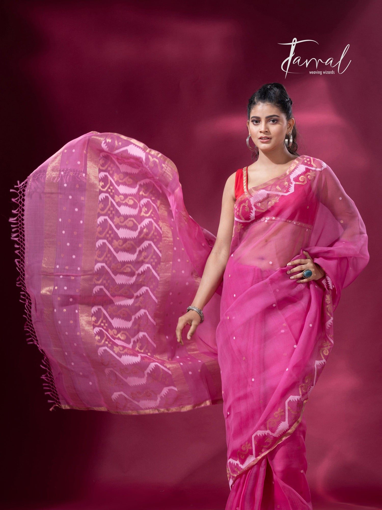 Rose pink with zari border traditional dhakai handwoven jamdani saree - Tamal Boutique