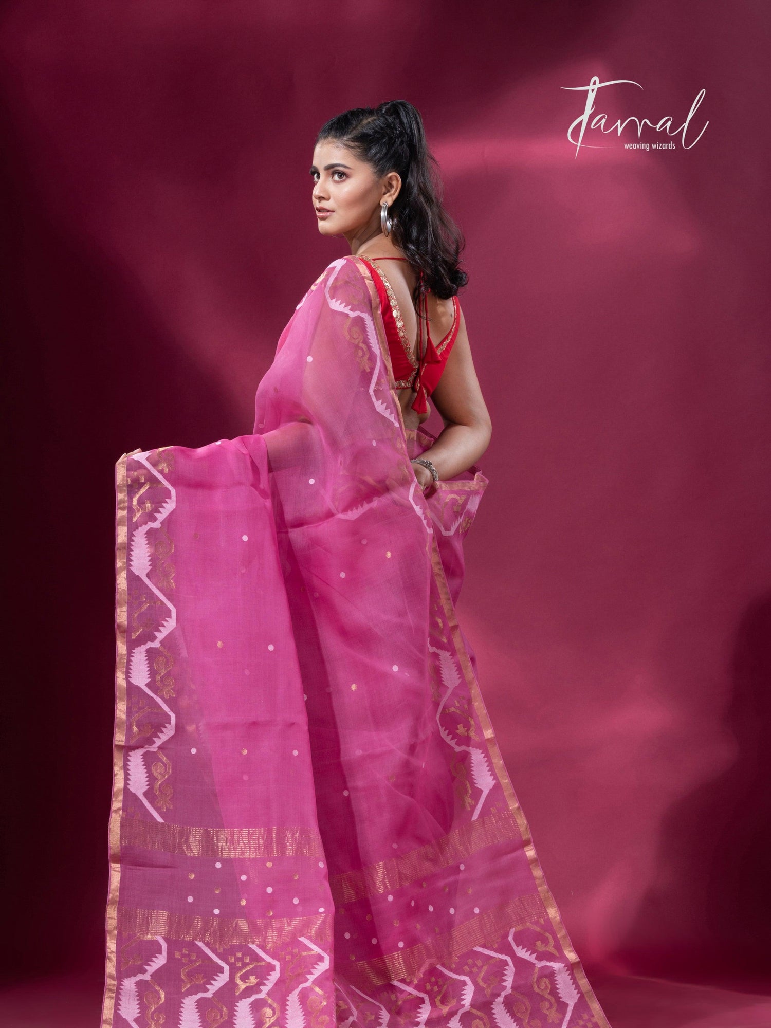 Rose pink with zari border traditional dhakai handwoven jamdani saree - Tamal Boutique