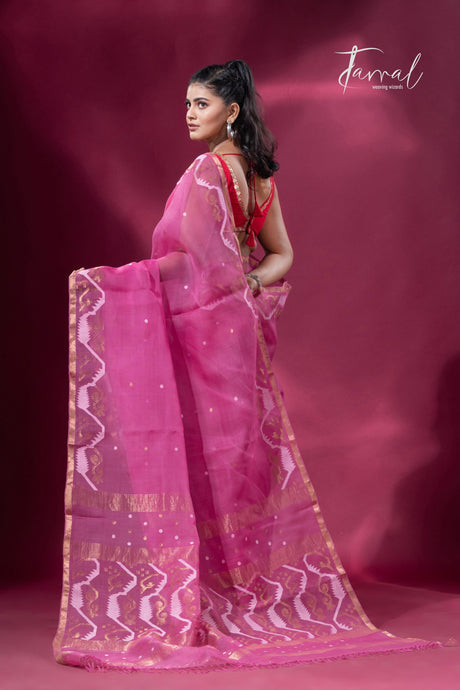 Rose pink with zari border traditional dhakai handwoven jamdani saree - Tamal Boutique
