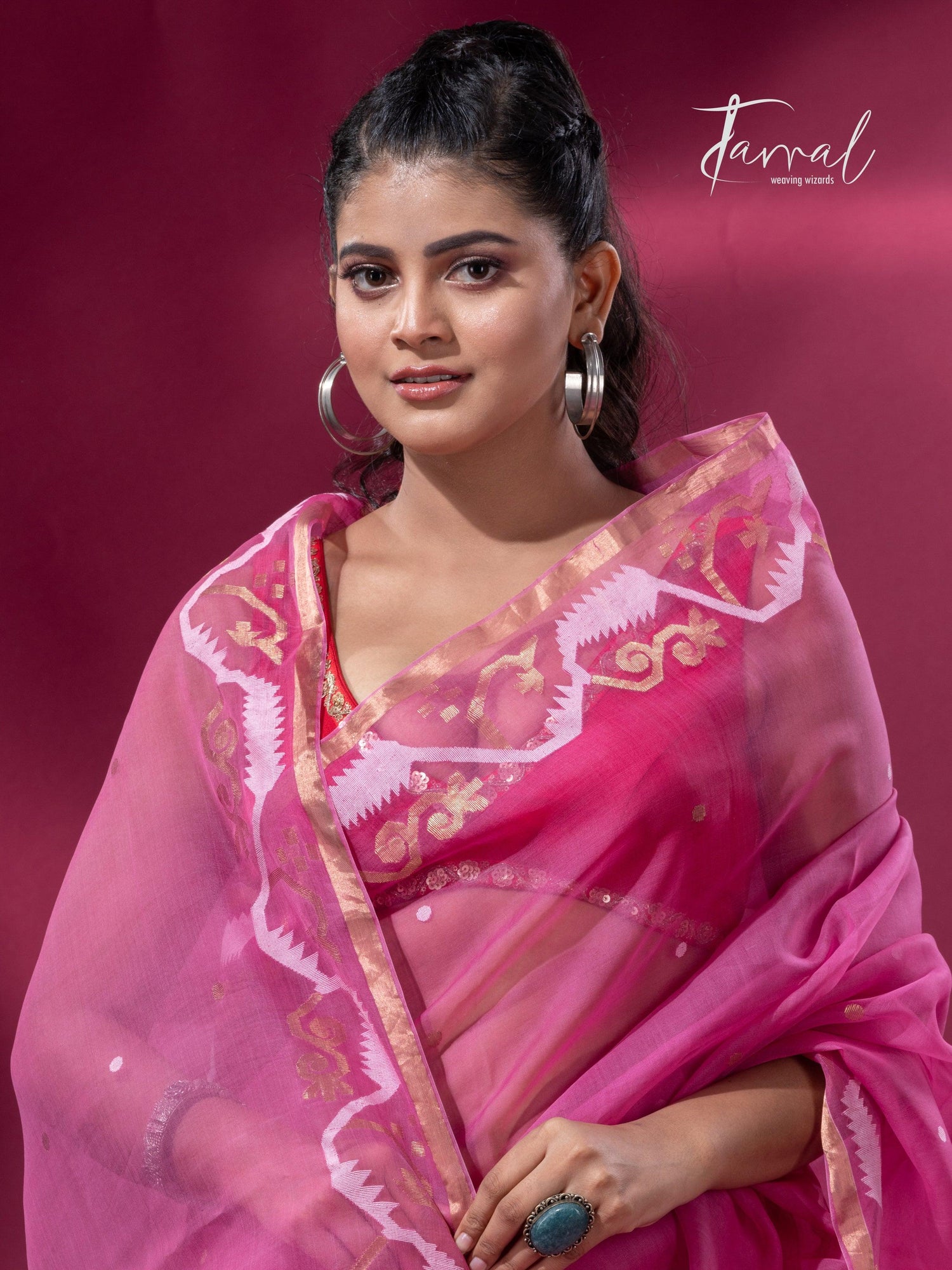 Rose pink with zari border traditional dhakai handwoven jamdani saree - Tamal Boutique