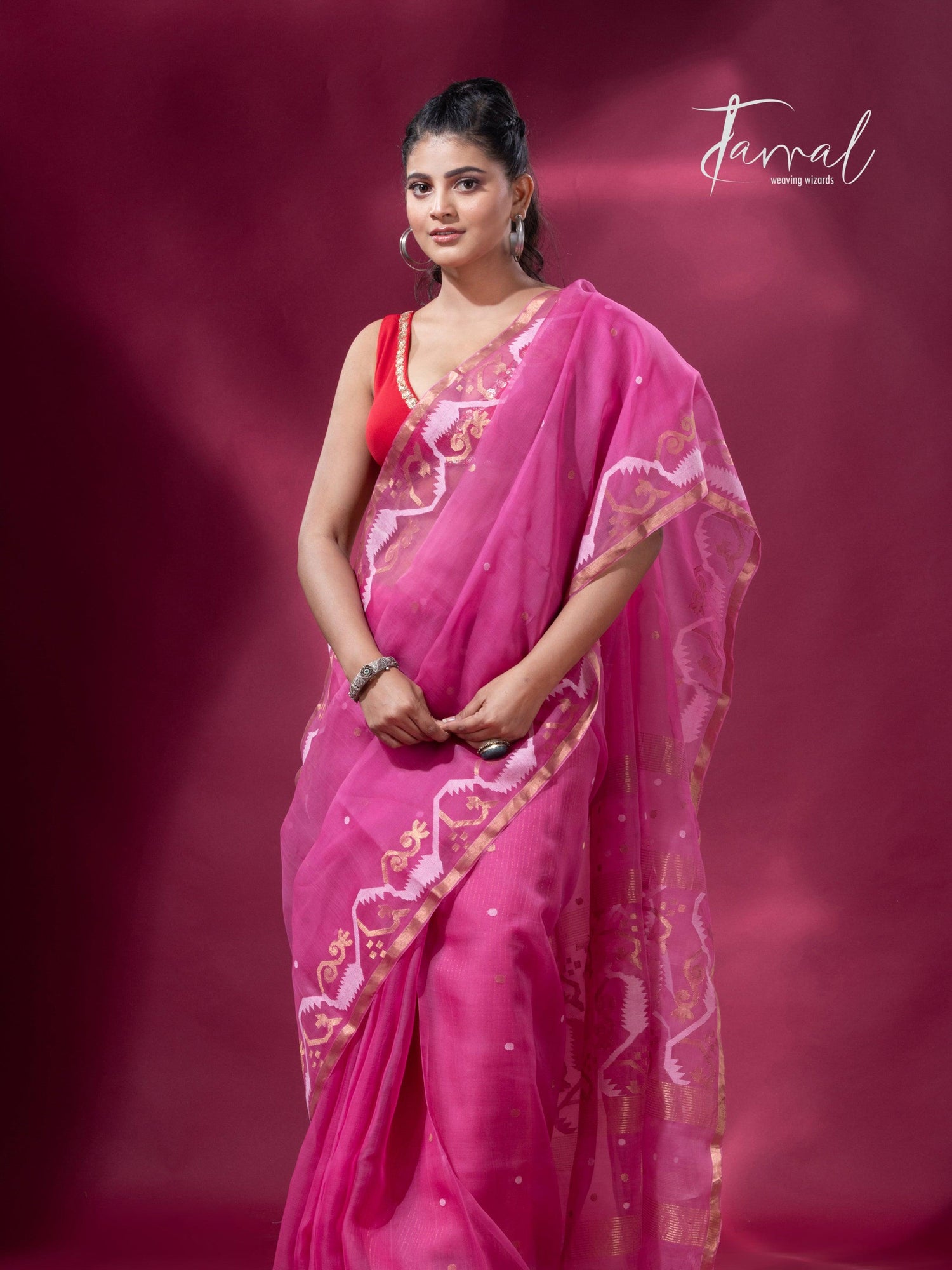Rose pink with zari border traditional dhakai handwoven jamdani saree - Tamal Boutique
