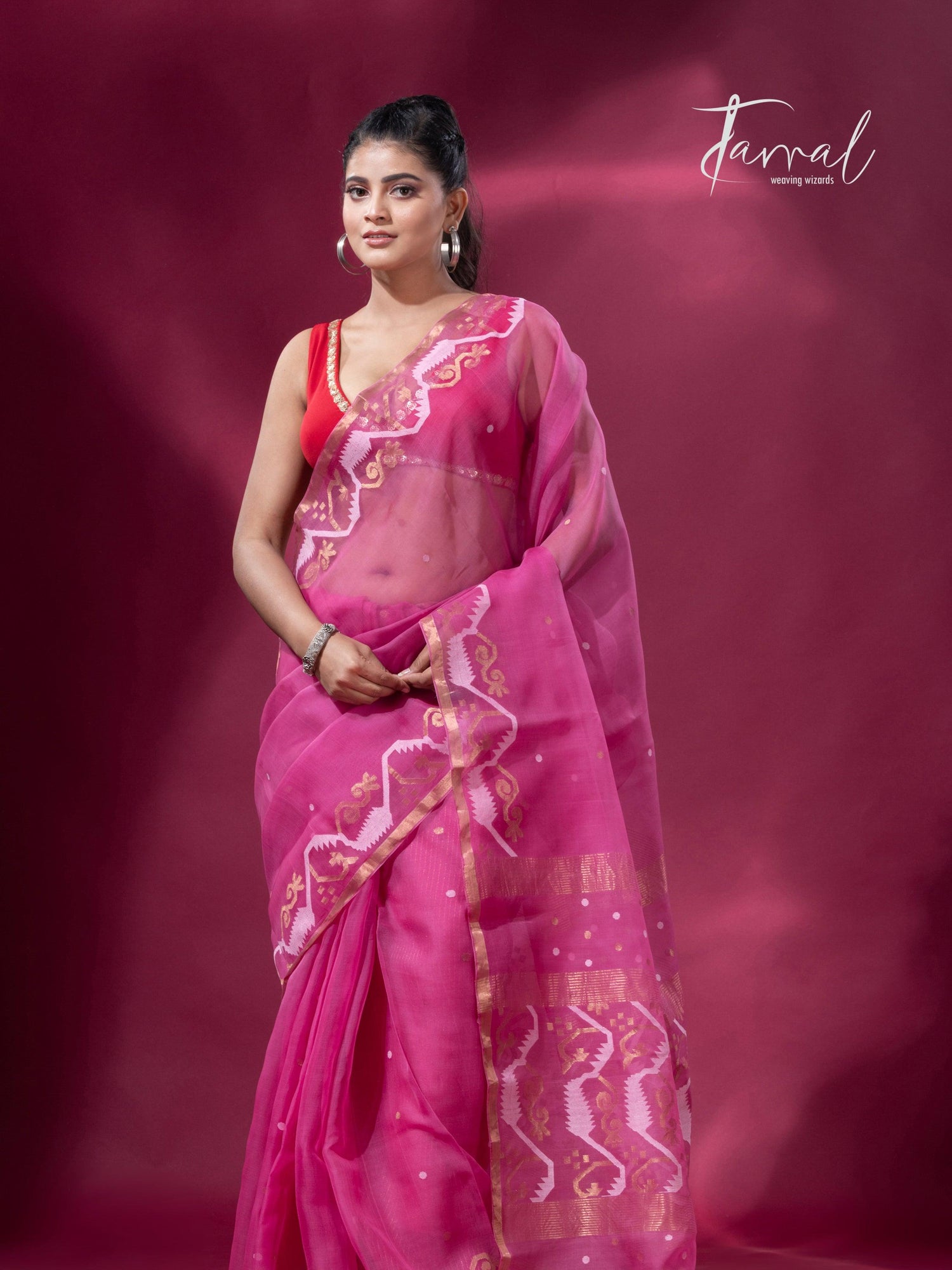 Rose pink with zari border traditional dhakai handwoven jamdani saree - Tamal Boutique