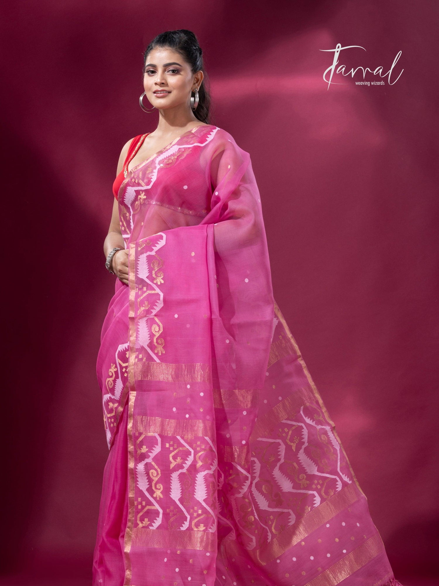Rose pink with zari border traditional dhakai handwoven jamdani saree - Tamal Boutique