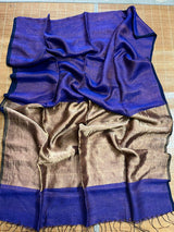 Royal blue zari linen handloom saree - Tamal Boutique