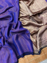 Royal blue zari linen handloom saree - Tamal Boutique