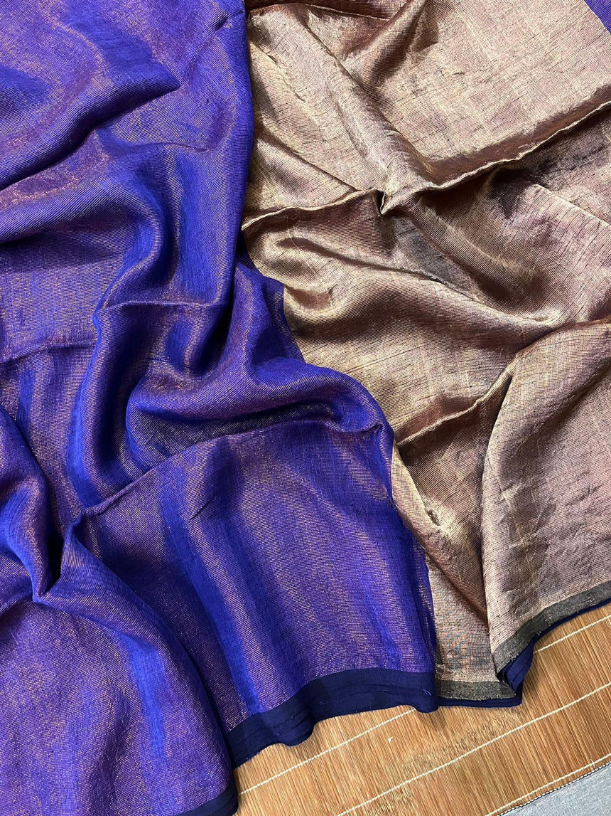 Royal blue zari linen handloom saree - Tamal Boutique