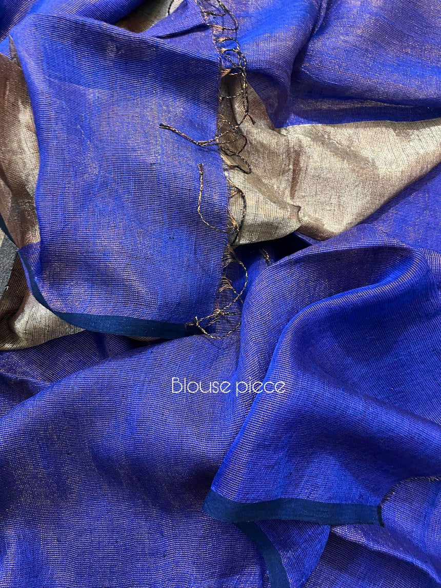 Royal blue zari linen handloom saree - Tamal Boutique