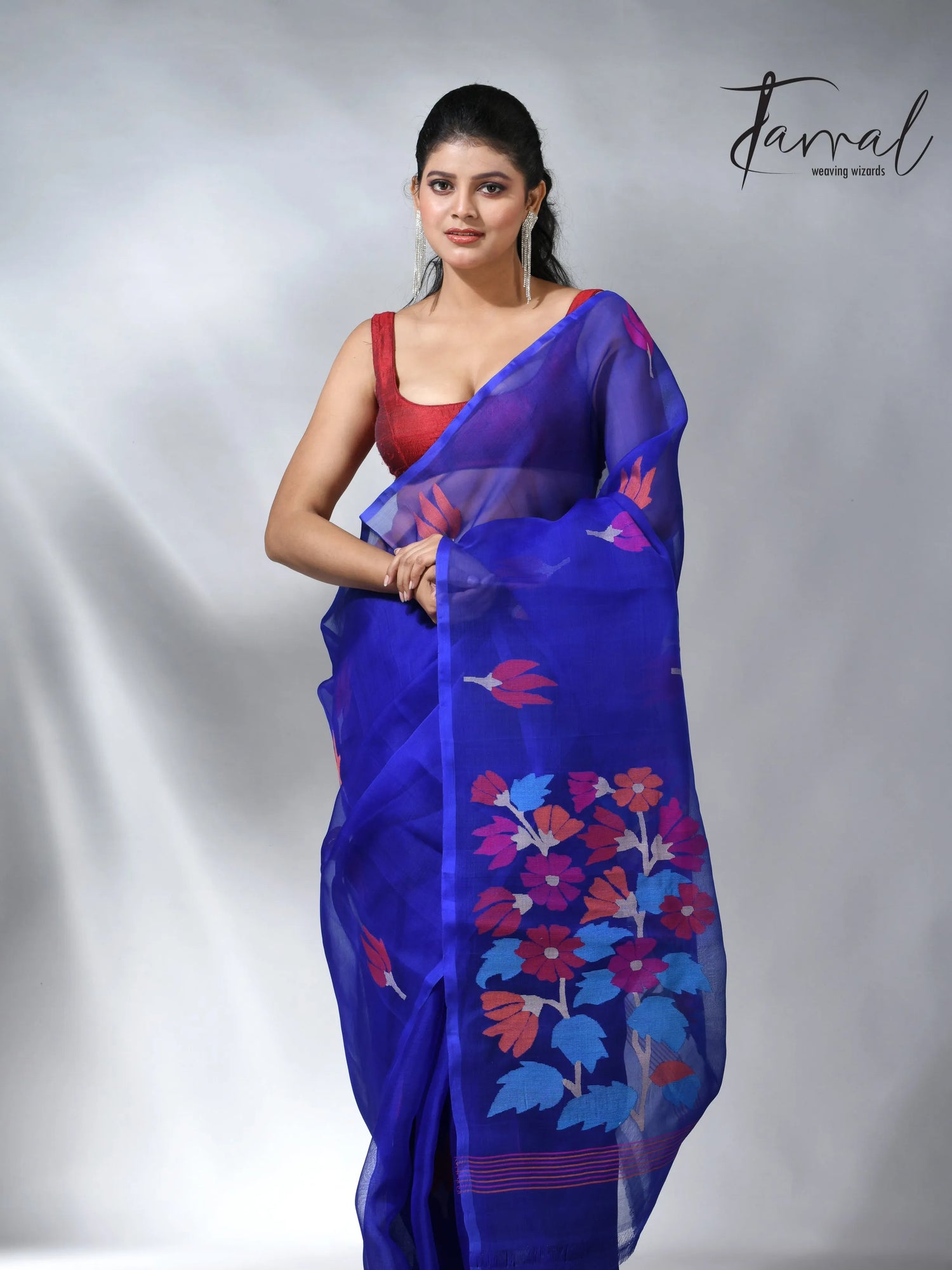 Royal blue pallu floral handwoven jamadani muslin silk saree 