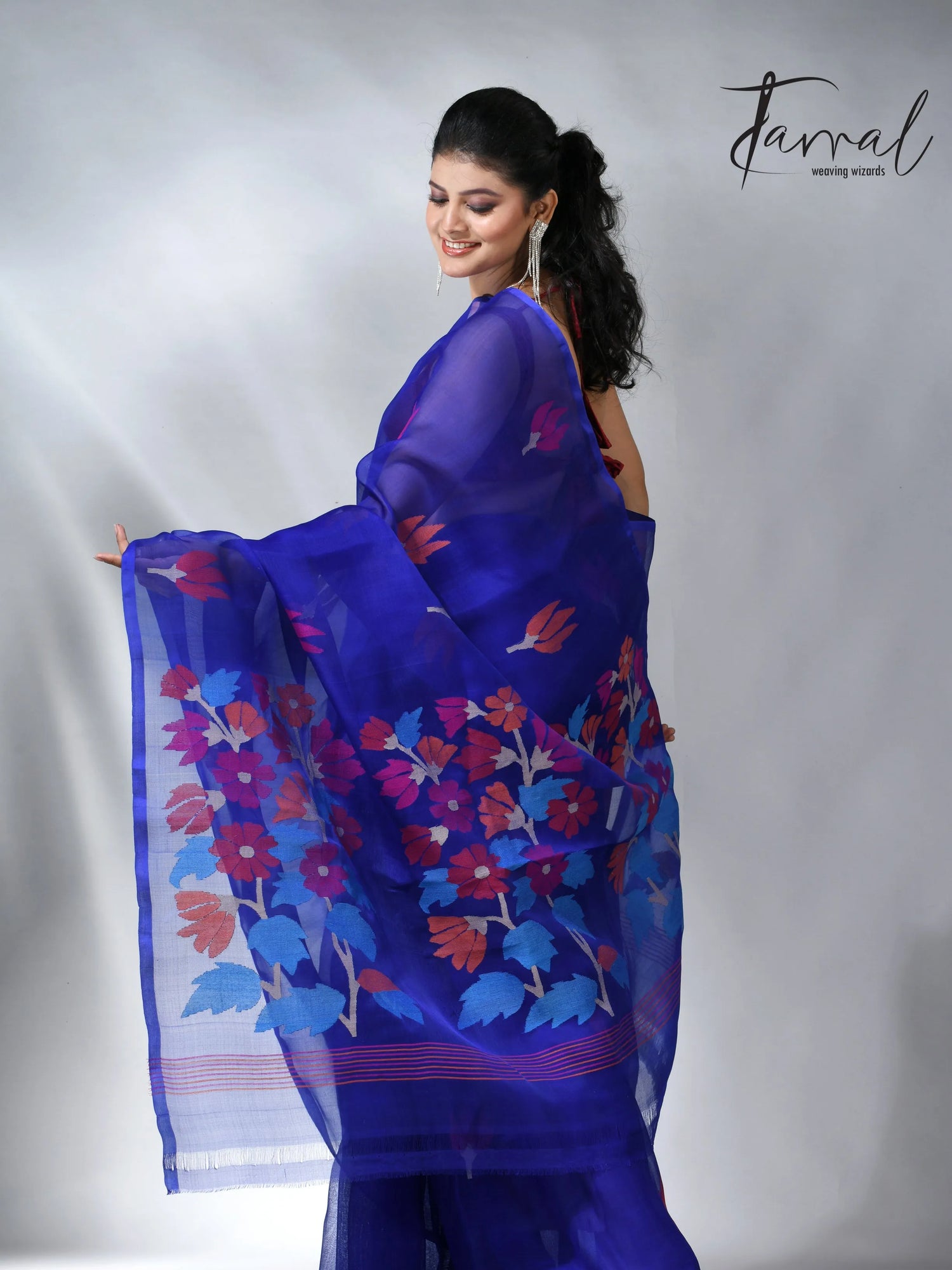 Royal blue pallu floral handwoven jamadani muslin silk saree 