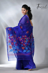 Royal blue pallu floral handwoven jamadani muslin silk saree 