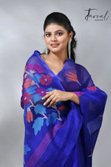 Royal blue pallu floral handwoven jamadani muslin silk saree 