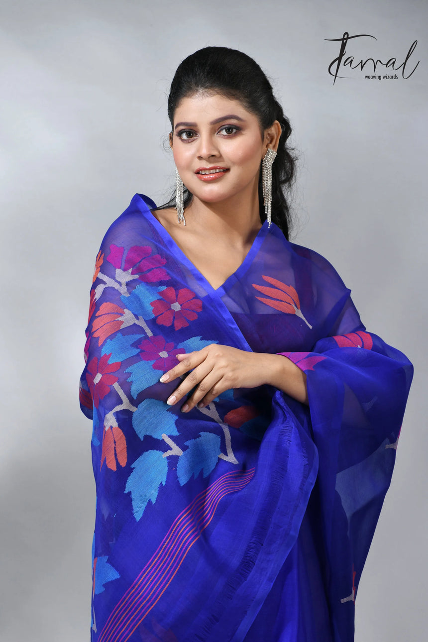Royal blue pallu floral handwoven jamadani muslin silk saree 
