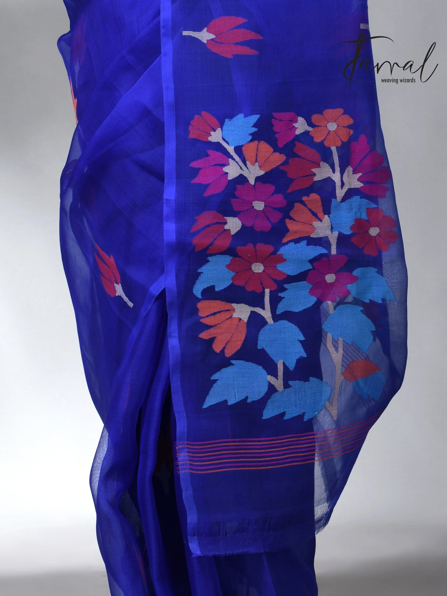 Royal blue pallu floral handwoven jamadani muslin silk saree 