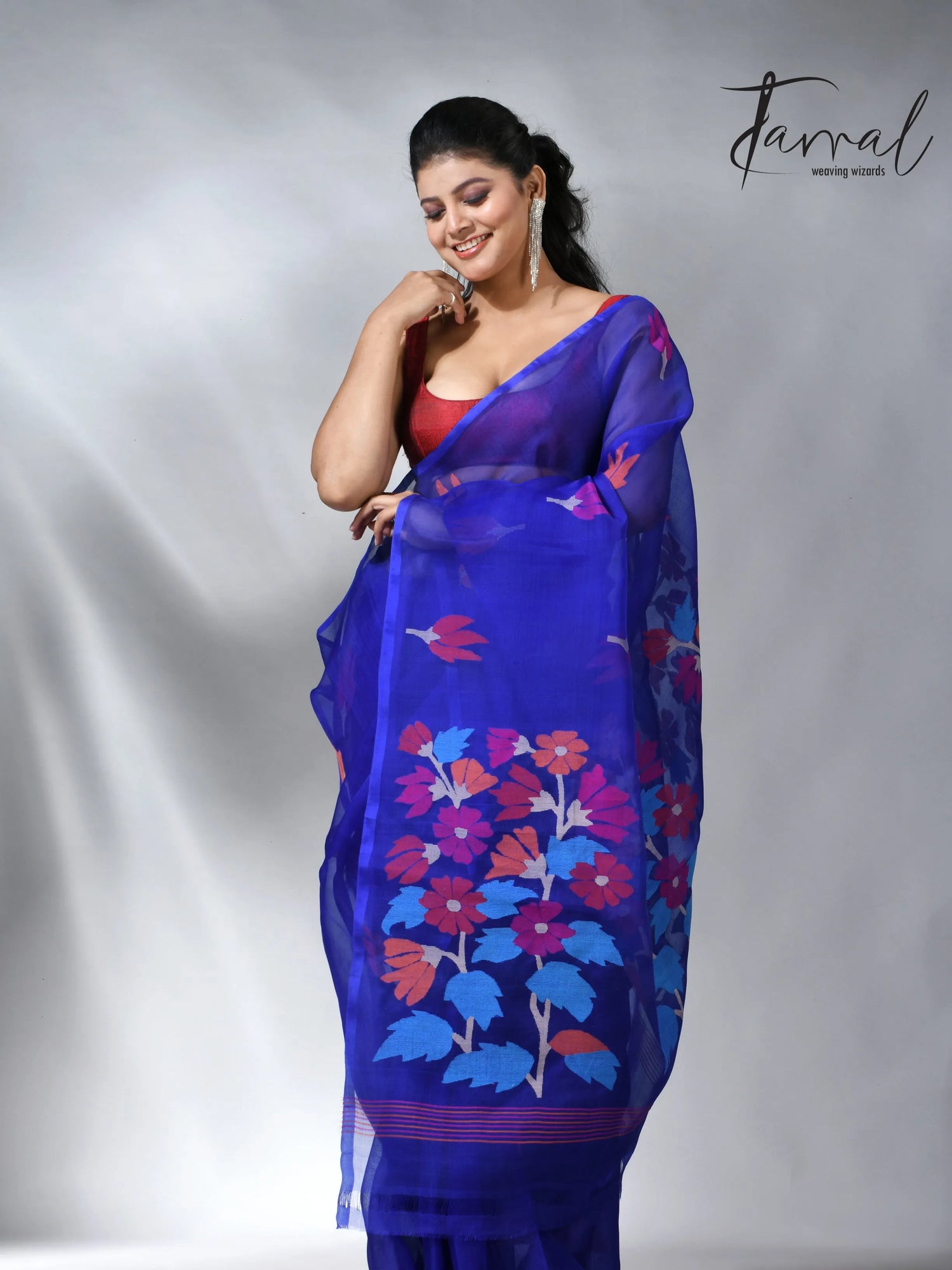 Royal blue pallu floral handwoven jamadani muslin silk saree 