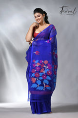 Royal blue pallu floral handwoven jamadani muslin silk saree 