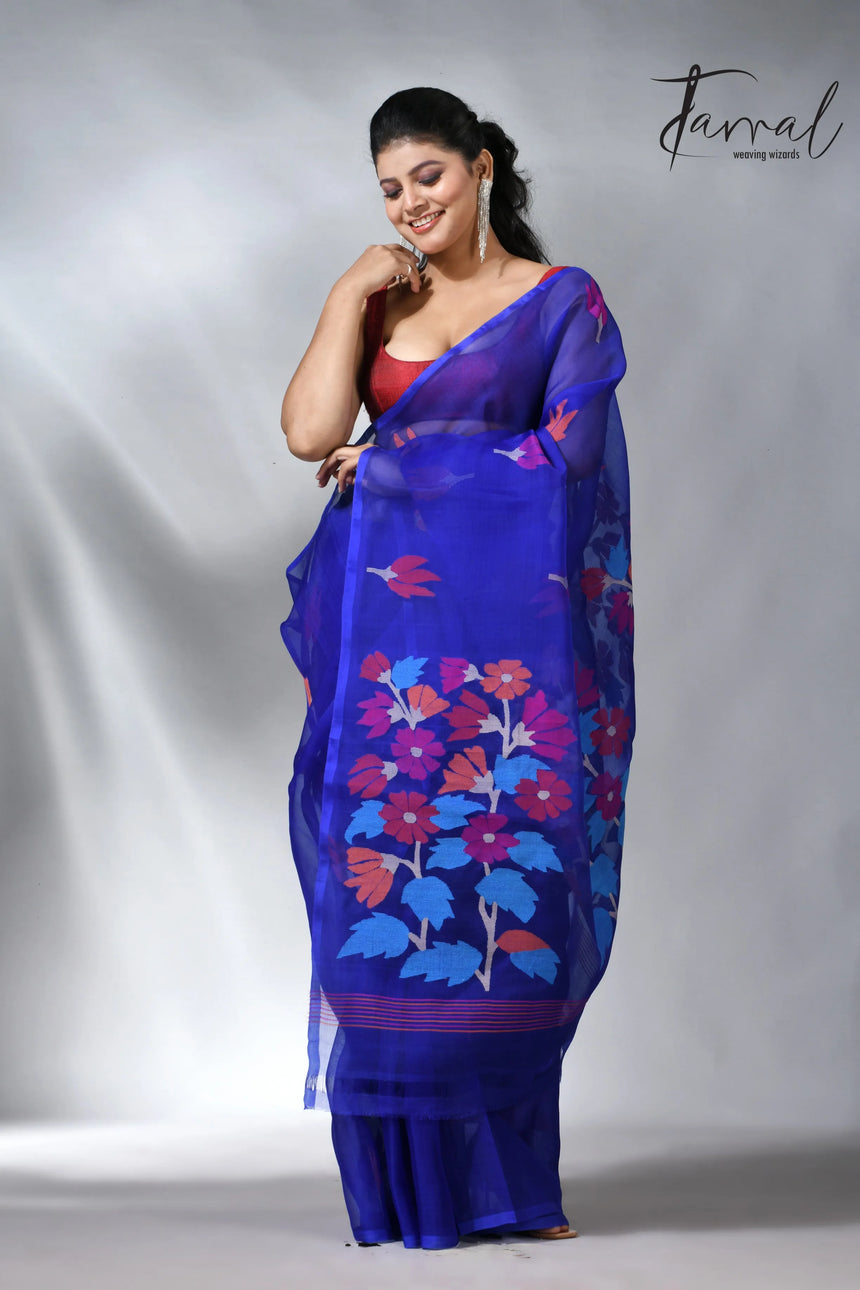 Royal blue pallu floral handwoven jamadani muslin silk saree 