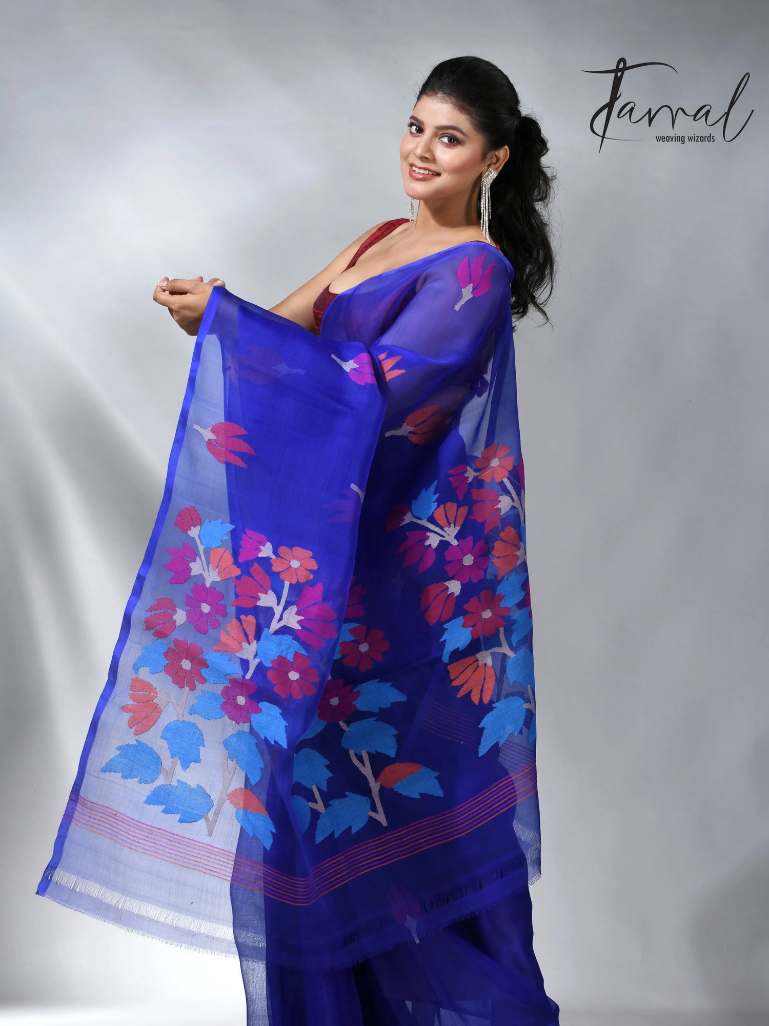 Royal blue pallu floral handwoven jamadani muslin silk saree 