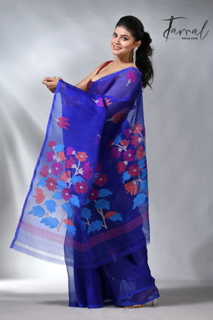 Royal blue pallu floral handwoven jamadani muslin silk saree 