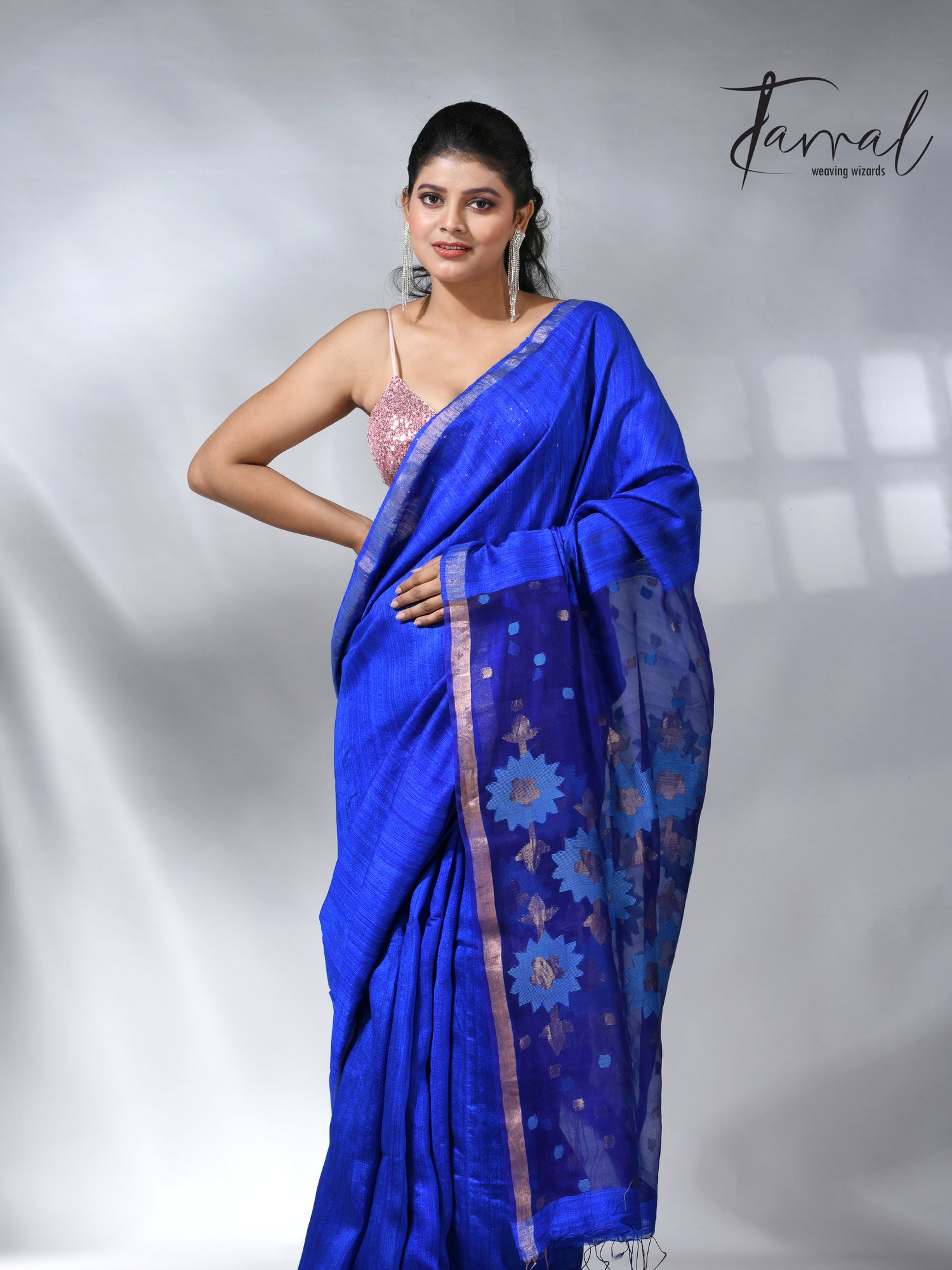 Royal blue with zari border matka silk handwoven jamdani saree