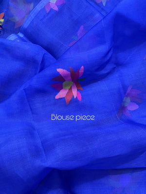 Royal blue with multi colour lotus motifs handwoven jamadani silk saree - Tamal Boutique