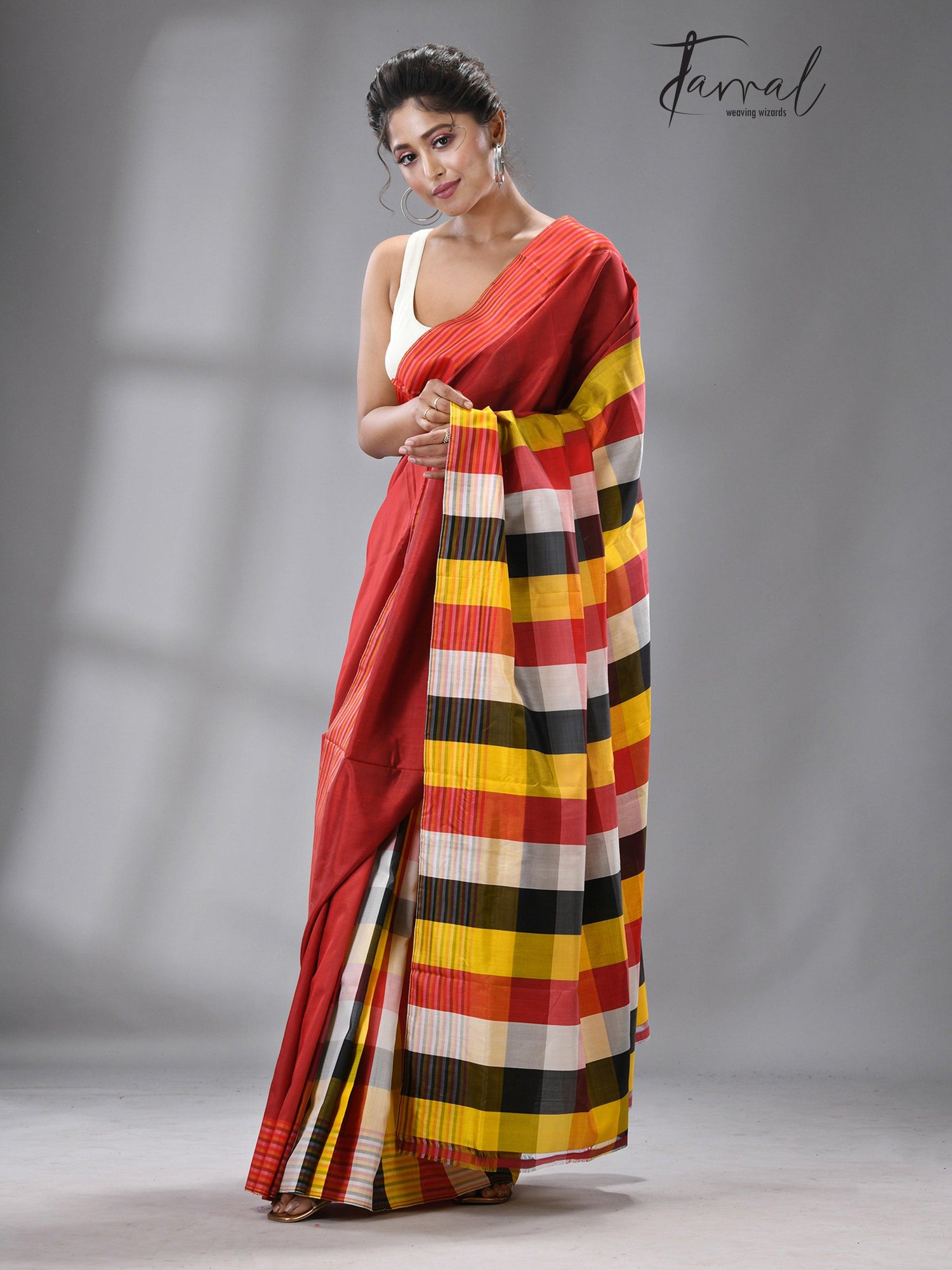 Ruby red with multi color pure katan silk patli pallu saree