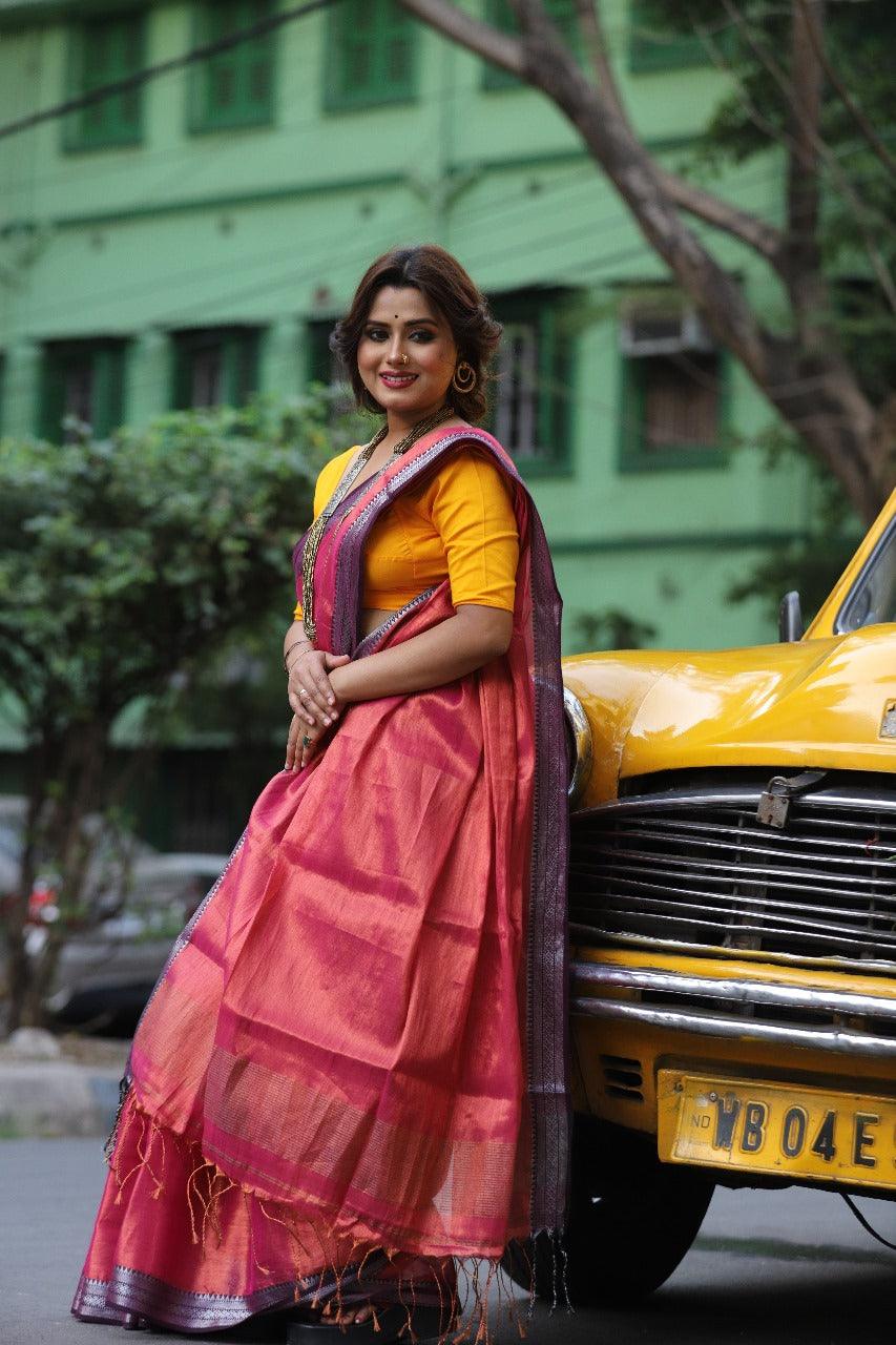 Rust colour Silver border tissue handloom saree - Tamal Boutique