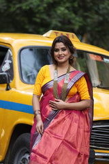 Rust colour Silver border tissue handloom saree - Tamal Boutique
