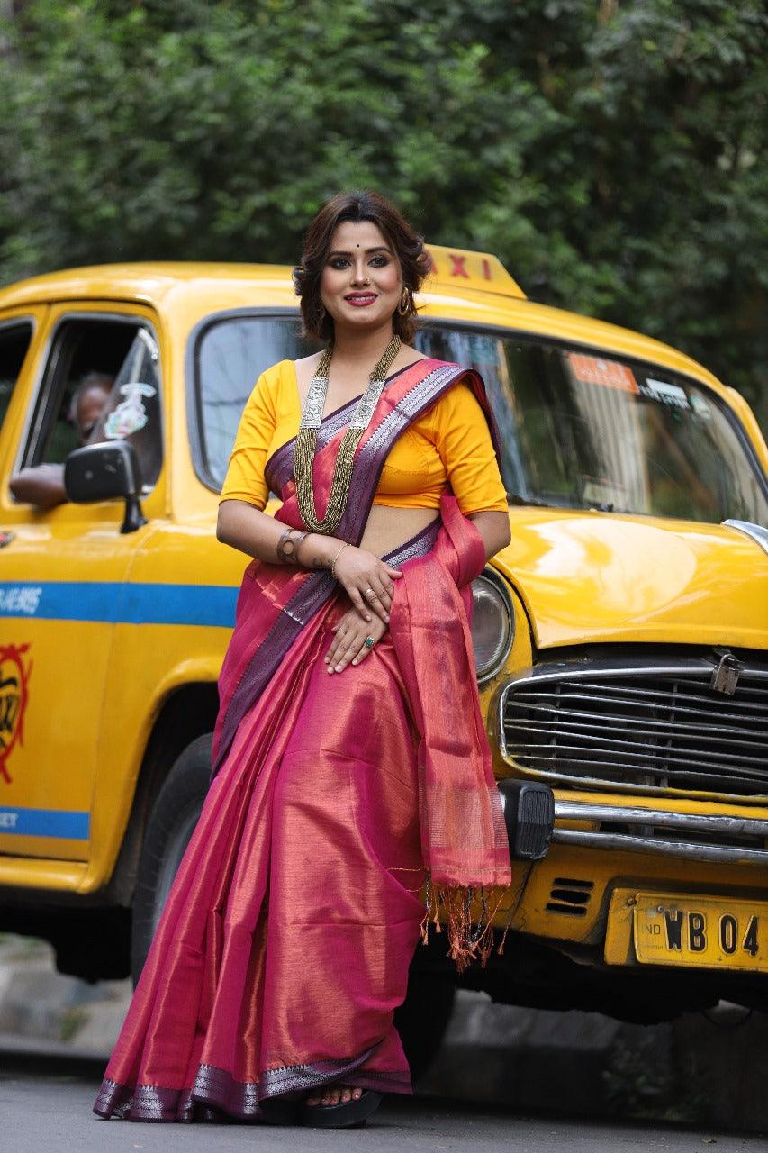 Rust colour Silver border tissue handloom saree - Tamal Boutique