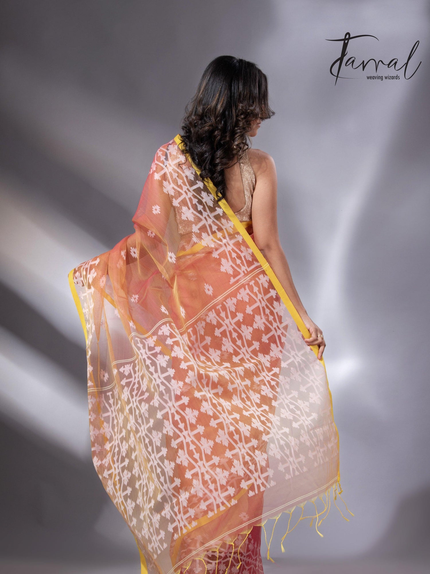 Rustic Yellow border organza muslin handloom jacquard jamdani saree back