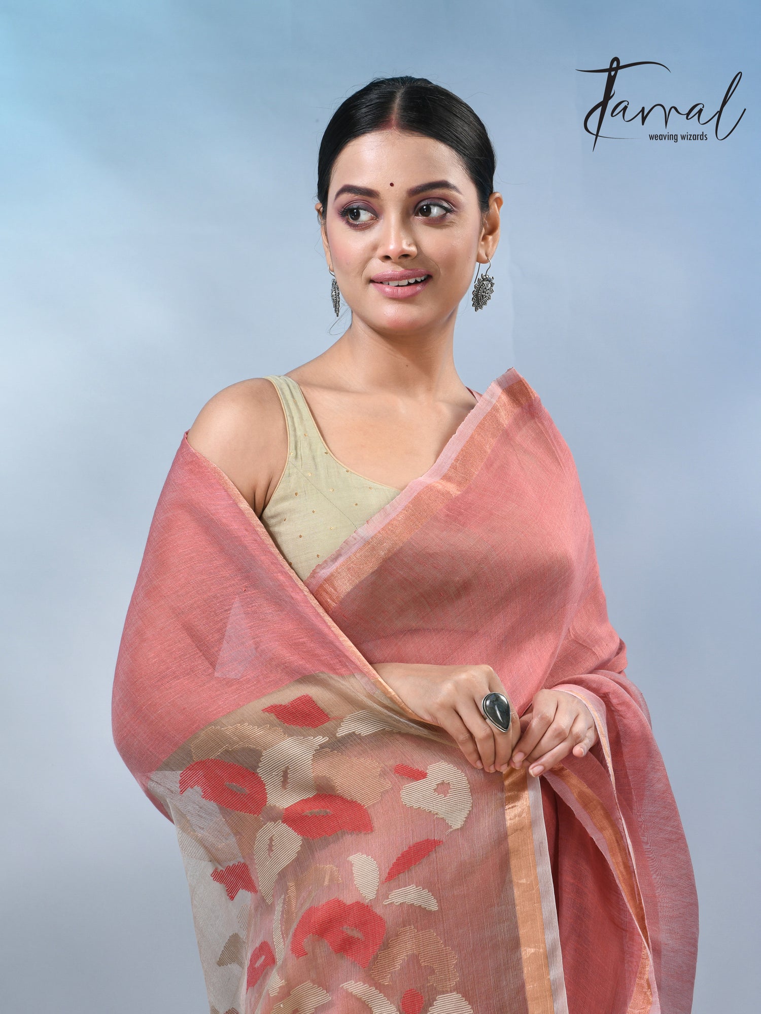 Rust with zari border pure silk linen handwoven jamdani saree