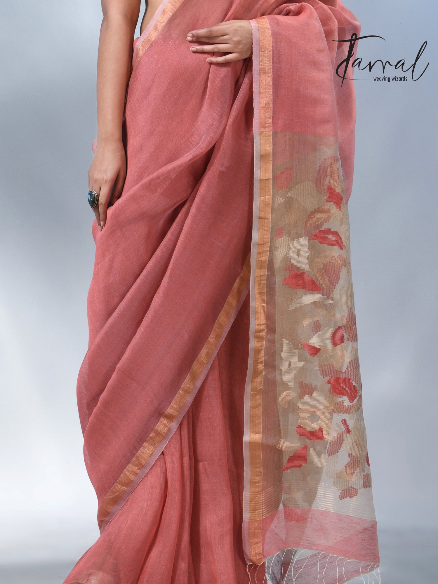 Rust with zari border pure silk linen handwoven jamdani saree