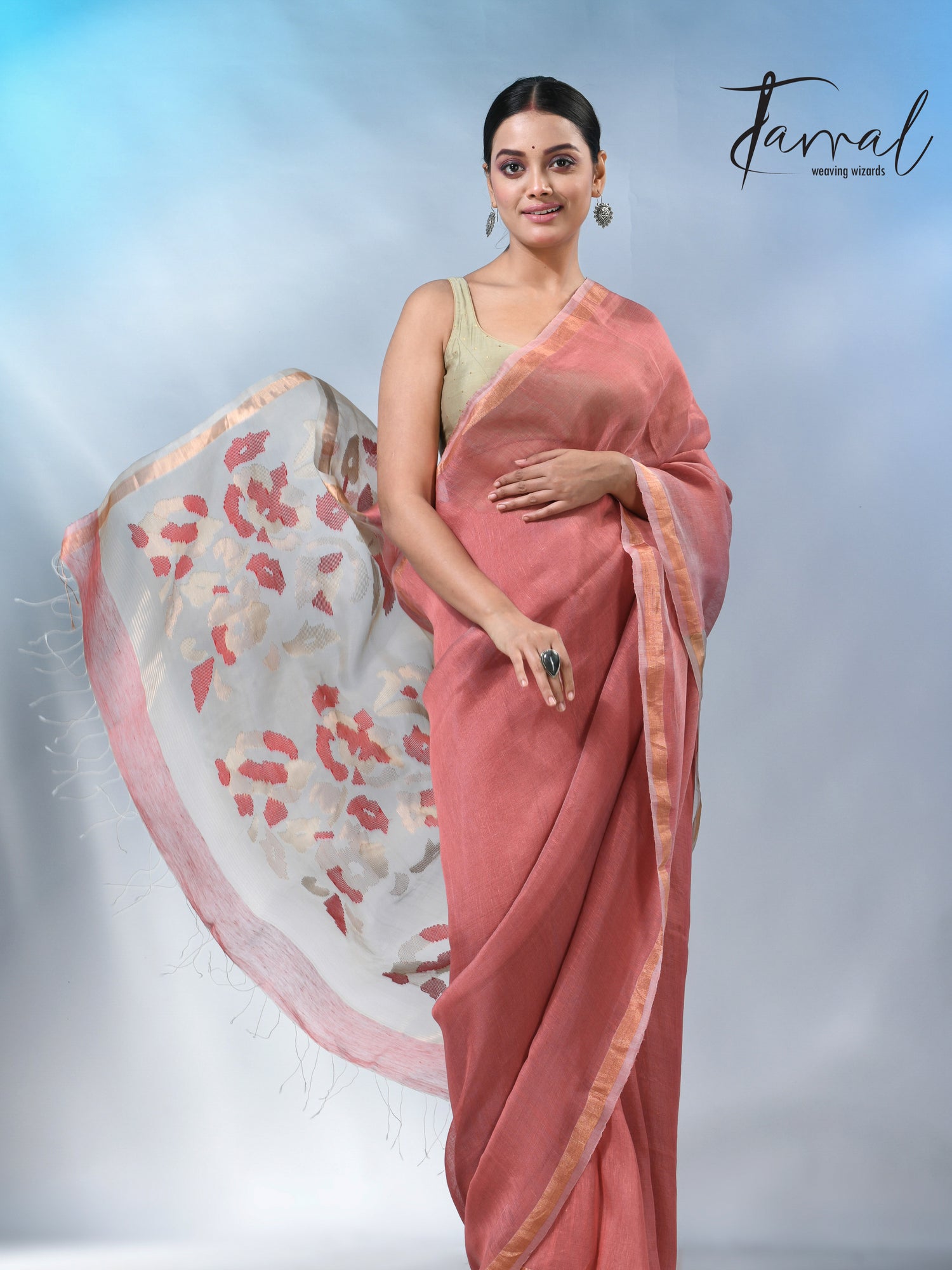 Rust with zari border pure silk linen handwoven jamdani saree